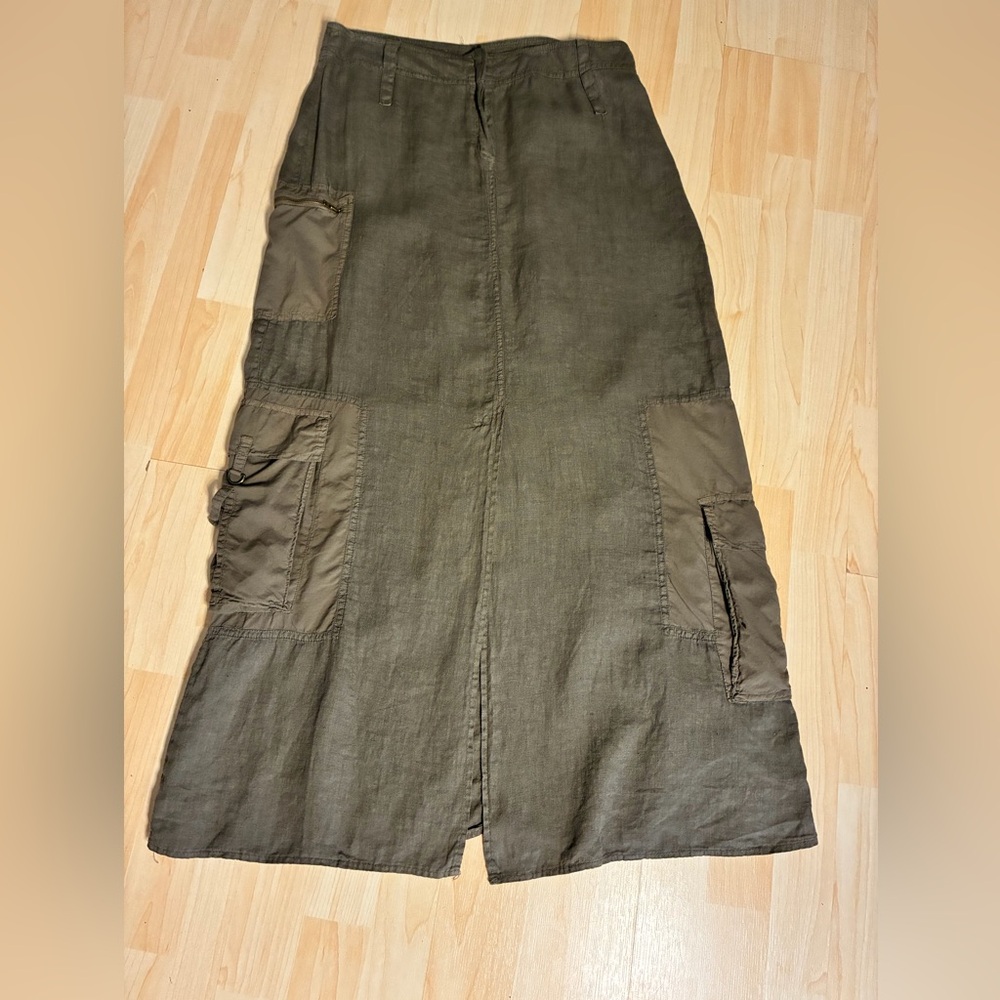 Vintage linen Made in Italy Cotton Utility Cargo Maxi Skirt Olive Green - Picture 15 of 15